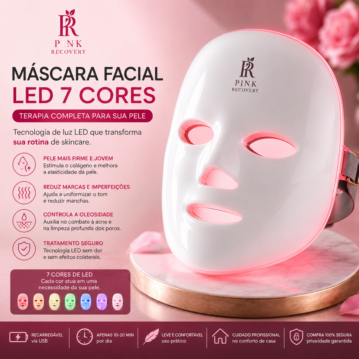 PinkMask Pro™ | Terapia Facial LED 7 Cores
